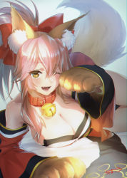 Rule 34 | 1girl, animal ear fluff, animal ears, animal hands, bare shoulders, bell, blush, bow, breasts, brown eyes, chama kou, cleavage, collar, commentary request, detached sleeves, fang, fate/grand order, fate (series), fox ears, fox tail, gloves, hair between eyes, hair bow, jingle bell, large breasts, looking at viewer, lying, md5 mismatch, on side, one eye closed, open mouth, paw gloves, pink hair, ponytail, red bow, resolution mismatch, short hair, signature, smile, solo, source larger, tail, tamamo (fate), tamamo cat (fate), tamamo cat (first ascension) (fate), teeth