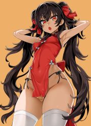Rule 34 | 1girl, armpits, arms up, asanagi, black hair, black panties, blush, breasts, china dress, chinese clothes, covered erect nipples, cowboy shot, double bun, dress, girls&#039; frontline, groin, hair between eyes, hair bun, hair ribbon, highres, long hair, looking at viewer, medium breasts, official alternate costume, open mouth, orange background, panties, red dress, red eyes, red ribbon, ribbon, side-tie panties, simple background, skindentation, smile, solo, thighhighs, thighs, twintails, type 97 (girls&#039; frontline), type 97 (peony) (girls&#039; frontline), underwear, very long hair, white thighhighs