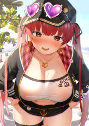Rule 34 | 1girl, b-ginga, bare shoulders, blush, breasts, cleavage, collarbone, hair ribbon, heterochromia, highres, hololive, houshou marine, houshou marine (summer), large breasts, long hair, looking at viewer, open mouth, red eyes, red hair, red ribbon, ribbon, smile, solo, twintails, virtual youtuber, yellow eyes