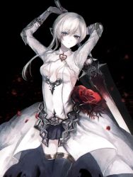 Rule 34 | 1girl, armor, armored dress, black background, breasts, cleavage, elbow gloves, expressionless, eyelashes, flower, gloves, hair ornament, highres, looking at viewer, petals, rose, grey eyes, silver hair, sinoalice, snow white (sinoalice), solo, sword, thighhighs, weapon