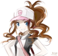 Rule 34 | 10s, 1girl, artist request, baseball cap, blue eyes, creatures (company), game freak, grin, hands on own hips, hat, hilda (pokemon), lowres, mtyy, nintendo, pokemon, pokemon bw, ponytail, signature, simple background, sketch, smile, solo, white background