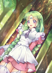 Rule 34 | 1girl, 278004410, :d, absurdres, apron, arms behind back, braid, canal vorfeed, choker, cowboy shot, dated, dress, dutch angle, facial mark, forehead mark, frills, green hair, hair over shoulder, highres, long hair, looking at viewer, lost universe, miniskirt, necktie, open mouth, pink dress, purple eyes, purple necktie, signature, skirt, smile, solo, thigh strap, thighhighs, tree, twin braids, white apron, white thighhighs
