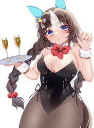 Rule 34 | 1girl, absurdres, alternate costume, anger vein, animal ears, ass, bare shoulders, beret, black leotard, black pantyhose, blush, braid, breasts, brown hair, champagne flute, cleavage, commentary request, cowboy shot, cup, curvy, detached collar, drinking glass, ear covers, hat, highleg, highleg leotard, highres, hokko tarumae (umamusume), holding, holding tray, horse ears, horse girl, horse tail, kaoru (h8qm9), large breasts, leaning forward, leotard, long hair, looking at viewer, looking back, multicolored hair, nontraditional playboy bunny, pantyhose, pout, purple eyes, sideboob, simple background, solo, strapless, streaked hair, table, tail, thick thighs, thighs, tray, twin braids, umamusume, very long hair, white background, white hair, wide hips, wrist cuffs