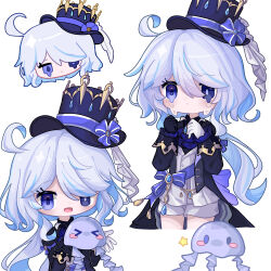 Rule 34 | 1girl, ahoge, ascot, asymmetrical gloves, black gloves, blue ascot, blue bow, blue eyes, blue hair, blue headwear, blue jacket, bow, closed mouth, crown, crying, furina (genshin impact), genshin impact, gloves, hat, hat bow, heterochromia, highres, jacket, jellyfish, long hair, long sleeves, looking at viewer, low twintails, mismatched gloves, multicolored hair, shorts, simple background, streaked hair, top hat, twintails, very long hair, vest, white background, white gloves, white hair, white shorts, white vest, xiaoxigezitang