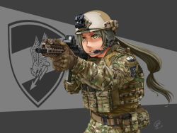 Rule 34 | 1girl, aiming, assault rifle, badge, camouflage, dated, gloves, gun, h&amp;k hk416, heckler &amp; koch, helmet, highres, jpc, magazine (weapon), military, military operator, military uniform, muzzle device, rifle, tactical clothes, uniform, weapon, woodland camouflage