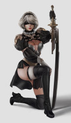 Rule 34 | 1girl, absurdres, adapted costume, black blindfold, black dress, black footwear, black gloves, black hairband, black nails, blindfold, boots, breasts, covered eyes, dress, facing viewer, fingernails, full body, gloves, hairband, hand on own knee, highres, holding, holding sword, holding weapon, juliet sleeves, lips, lipstick, long sleeves, makeup, md5 mismatch, medium breasts, mole, mole under mouth, nail polish, nier:automata, nier (series), noon nune, nose, on one knee, parted lips, puffy sleeves, red lips, resolution mismatch, short hair, silver hair, simple background, single thighhigh, solo, source smaller, sword, thigh boots, thighhighs, thighhighs under boots, weapon, white background, white thighhighs, 2b (nier:automata)