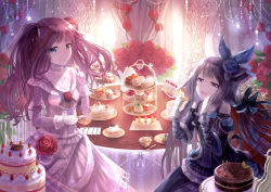 Rule 34 | 2girls, :d, barefoot, black hair, blue eyes, blue oath, bow, brown hair, cake, cup, dress, food, hair bow, hair ribbon, holding up, long sleeves, looking at viewer, multiple girls, naru (kts5584), open mouth, purple eyes, ribbon, samuel b. roberts (blue oath), saumarez (blue oath), smile, teacup
