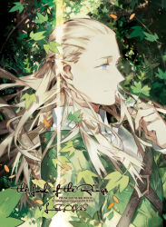 Rule 34 | 1boy, belt, blonde hair, blue eyes, brown belt, character request, chest belt, closed mouth, clover, collared shirt, commentary request, copyright request, dappled sunlight, english text, falling leaves, forehead, forest, four-leaf clover, from side, green background, green sleeves, green tunic, high collar, holding, holding clover, layered sleeves, leaf, long hair, long sleeves, looking ahead, male focus, multiple belts, nature, pointy ears, pointy nose, shirt, short over long sleeves, short sleeves, simple background, sleeves past wrists, smile, solo, starshadowmagician, sunlight, upper body, white shirt, white sleeves