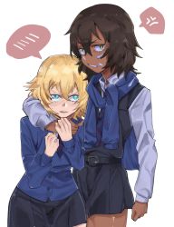 Rule 34 | absurdres, andou (girls und panzer), anger vein, arm around neck, bandaid, bandaid on face, bc freedom school uniform, black dress, black hair, blonde hair, blue cardigan, blue eyes, blue neckwear, blush, brown eyes, cardigan, commentary, dark-skinned female, dark skin, diagonal-striped clothes, diagonal-striped necktie, diagonal-striped neckwear, dress, dress shirt, frown, girls und panzer, grimace, highres, long sleeves, looking at another, looking at viewer, medium hair, messy hair, necktie, open mouth, oshida (girls und panzer), pinafore dress, pleated dress, school uniform, shirt, short dress, simple background, sleeveless, sleeveless dress, spoken anger vein, spoken blush, standing, striped clothes, striped neckwear, sweatdrop, sweater around neck, takao (88499191), white background, white shirt, wing collar
