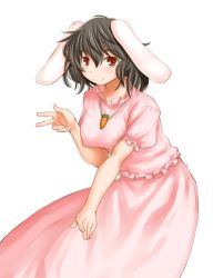Rule 34 | 1girl, aged up, animal ears, black hair, blush, breasts, carrot, carrot necklace, dress, female focus, inaba tewi, jewelry, kasuga yukihito, large breasts, necklace, rabbit ears, rabbit girl, rabbit tail, red eyes, revision, short hair, smile, solo, tail, touhou, underwear, v