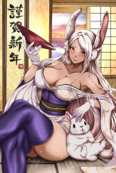 Rule 34 | 1girl, :3, absurdres, animal ears, architecture, bare shoulders, boku no hero academia, breasts, chinese zodiac, cleavage, collarbone, crescent print, crossed legs, cup, dark-skinned female, dark skin, east asian architecture, gloves, highres, holding, holding cup, indoors, japanese clothes, kimono, large breasts, long hair, looking at viewer, mirko, mr. chuushuu setsu, obi, off shoulder, on floor, parted bangs, pouring, purple thighhighs, rabbit, rabbit ears, rabbit girl, red eyes, sakazuki, sash, sitting, solo, thighhighs, thighs, toned, very long hair, white gloves, white hair, white kimono, wide sleeves, window, year of the rabbit