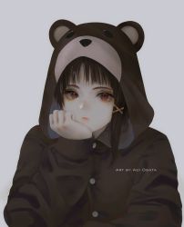 Rule 34 | 1girl, animal ears, animal hood, aoi ogata, artist name, bear ears, bear hood, black hair, black jacket, brown eyes, clip studio paint (medium), closed mouth, commentary, commission, english commentary, fake animal ears, grey background, hair ornament, highres, hood, hood up, hooded jacket, iwakura lain, jacket, long sleeves, looking at viewer, red lips, serial experiments lain, simple background, sleeves past wrists, solo, upper body, x hair ornament