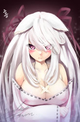 Rule 34 | 1girl, absurdres, bad id, bad pixiv id, bare shoulders, blush, breasts, cleavage, crossed arms, detached sleeves, dress, female focus, gradient background, hair between eyes, hair ribbon, highres, jewelry, large breasts, long hair, looking at viewer, mole, mole under mouth, necklace, off-shoulder dress, off shoulder, original, purple eyes, ribbon, signature, silver hair, solo, torriet
