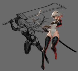 Rule 34 | 2b (nier:automata), 2girls, a2 (nier:automata), android, armlet, bad id, bad twitter id, black gloves, black hairband, black shorts, blindfold, boots, cleavage cutout, clothing cutout, covered eyes, elbow gloves, feather-trimmed sleeves, gloves, hairband, haje, heattech leotard, highleg, highleg leotard, holding, holding sword, holding weapon, joints, juliet sleeves, leotard, long hair, long sleeves, multiple girls, nier:automata, nier (series), pink lips, puffy sleeves, robot joints, short hair, short shorts, shorts, silver hair, sketch, swinging, sword, tank top, thigh boots, thighhighs, thighhighs under boots, turtleneck, unfinished, vambraces, weapon, white leotard