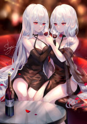 Rule 34 | 2girls, absurdres, alcohol, alternate costume, arknights, artist name, bare shoulders, black dress, black gloves, bottle, breasts, cleavage, commentary, dress, elbow gloves, gloves, hair between eyes, highres, long hair, medium breasts, multiple girls, parted lips, petals, red eyes, rose petals, sheya, signature, silver hair, sitting, skadi (arknights), smile, specter (arknights), symbol-only commentary, table, very long hair, wine, wine bottle, yuri