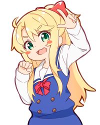 Rule 34 | 1girl, :3, blonde hair, blush stickers, bow, clenched hand, commentary, dress, green eyes, hair bow, highres, himesaka noa, long hair, long sleeves, looking at viewer, manse, red bow, sailor collar, sailor dress, school uniform, simple background, solo, standing, watashi ni tenshi ga maiorita!, white background, white sailor collar
