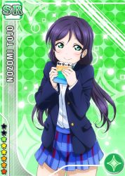 Rule 34 | 10s, 1girl, aqua eyes, blazer, blue skirt, blush, book, buttons, card (medium), character name, diamond (shape), gradient background, green background, holding, holding book, jacket, layered clothes, long hair, long sleeves, looking at viewer, love live!, love live! school idol festival, love live! school idol project, low twintails, official art, open clothes, open jacket, otonokizaka school uniform, parted bangs, plaid, plaid skirt, pleated skirt, purple hair, school uniform, shirt, skirt, smile, solo, sparkle, standing, star (symbol), tojo nozomi, twintails, white shirt