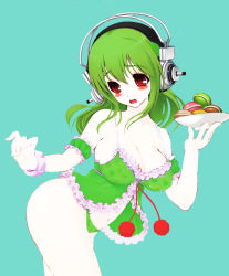 Rule 34 | 1girl, :o, aqua background, arm garter, babydoll, bare shoulders, blush, bracelet, breasts, cleavage, cowboy shot, creatures (company), fingernails, food, frills, from side, fur trim, game freak, gardevoir, gen 3 pokemon, green hair, green panties, headphones, heart, heart print, holding, jewelry, large breasts, leaning forward, lingerie, long fingernails, long hair, looking down, looking to the side, macaron, navel, nightgown, nintendo, nitroplus, open mouth, outstretched arm, pale skin, panties, pastries, personification, pokemon, red eyes, sideboob, simple background, solo, strap gap, super sonico, third-party edit, tray, tsuji santa, underwear, underwear only