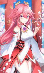Rule 34 | 1girl, absurdres, animal ears, arm at side, bare shoulders, blush, breasts, cherry blossoms, closed mouth, cowboy shot, detached sleeves, falling petals, floppy ears, flower knot, fox ears, fox shadow puppet, genshin impact, hair between eyes, hair flaps, hair ornament, hand up, highres, japanese clothes, large breasts, long sleeves, looking at viewer, neon (hhs9444), petals, pink hair, purple eyes, shirt, sideboob, sleeveless, sleeveless shirt, sleeves past wrists, smile, solo, tassel, thighs, torii, turtleneck, white sleeves, wide sleeves, yae miko