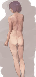 Rule 34 | 1girl, ass, back, flat ass, from behind, grey eyes, highres, kneepits, looking back, masaki (ekakiningen), nude, original, purple hair, short hair, solo, standing