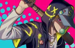 Rule 34 | 1boy, arm up, bad id, bad pixiv id, baseball bat, baseball cap, blowing bubbles, buttons, chewing gum, earbuds, earphones, fingernails, grey hat, hat, highres, holding, holding baseball bat, hood, hood up, jewelry, male focus, necklace, original, over shoulder, pink background, pink eyes, shousan (hno3syo), solo, upper body