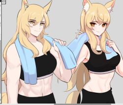 Rule 34 | 1girl, animal ears, arknights, bare arms, bare shoulders, blonde hair, breasts, commentary, crop top, english commentary, grey background, long hair, looking at viewer, medium breasts, midriff, multiple views, navel, nearl (arknights), simple background, smile, sports bra, stomach, supershrimpcakes, towel, towel around neck, upper body, very long hair, yellow eyes