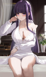 Rule 34 | 1girl, :t, absurdres, blunt bangs, blush, bracelet, breasts, cleavage, collarbone, dress, fern (sousou no frieren), flower, highres, indoors, jewelry, large breasts, long dress, long hair, long sleeves, looking at viewer, off shoulder, on bed, pout, purple eyes, purple hair, single bare shoulder, sitting, sousou no frieren, unbuttoned, vase, white dress, window, yamikyon