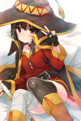 Rule 34 | 1girl, bandaged leg, bandages, belt, black choker, black thighhighs, blush, boots, breasts, brown belt, brown footwear, brown hair, cape, choker, collarbone, commentary request, dress, emily (pure dream), fingerless gloves, gloves, hair between eyes, hat, highres, holding, holding staff, kono subarashii sekai ni shukufuku wo!, looking at viewer, lying, megumin, open mouth, red dress, red eyes, short hair, single thighhigh, solo, staff, thighhighs, v, witch hat