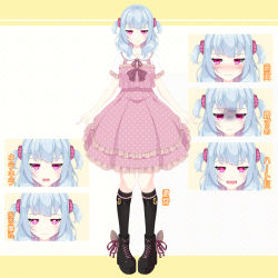 Rule 34 | 1girl, absurdres, black footwear, black socks, blue hair, blush, boots, closed mouth, collared shirt, cross-laced footwear, dress, expressions, frilled dress, frilled shirt collar, frilled sleeves, frills, hair ornament, hair scrunchie, highres, kneehighs, lace-up boots, layered dress, multicolored hair, multiple views, open mouth, original, pigeon-toed, pink dress, pink scarf, pleated dress, polka dot, polka dot dress, purple eyes, scarf, scrunchie, sharp teeth, shirasu youichi, shirt, short sleeves, socks, teeth, translation request, turn pale, two-tone hair, white shirt