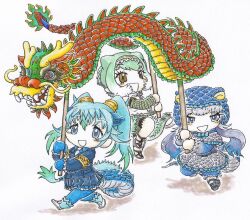 Rule 34 | 3girls, animal ears, bare shoulders, blue eyes, blue hair, blush, bow, bowtie, brown eyes, capelet, chinese water dragon (kemono friends), chinese zodiac, choker, detached sleeves, dragon, dragon girl, dragon tail, dress, eastern dragon, frilled hairband, frills, gloves, green hair, green shorts, green sleeves, grey hair, hair between eyes, hairband, hat, hood, jacket, kemono friends, kemono friends 3, kemono friends pavilion, komodo dragon (kemono friends), lizard tail, long hair, long sleeves, looking at viewer, multicolored hair, multiple girls, necktie, open mouth, pantyhose, seiryuu (kemono friends), shirt, short shorts, shorts, simple background, skirt, smile, stick, tail, twintails, van der waals (okb 001), year of the dragon