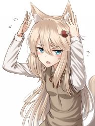 Rule 34 | 1girl, animal ears, aqua eyes, arms up, blush, character request, copyright request, hair between eyes, light brown hair, long hair, long sleeves, looking at viewer, open mouth, solo, upper body, white background, yakob labo
