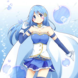 Rule 34 | alternate hair length, alternate hairstyle, artist request, belt, belt buckle, blue skirt, blue theme, bubble, buckle, buttons, cape, cowboy shot, detached sleeves, fish, fortissimo, gloves, hair ornament, hand up, long hair, looking at viewer, magical girl, mahou shoujo madoka magica, mahou shoujo madoka magica (anime), mahou shoujo madoka magica movie 1 &amp; 2, miki sayaka, musical note, musical note hair ornament, skirt, smile, solo, source request, tagme, white cape, white gloves
