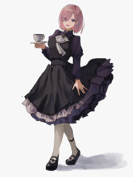 Rule 34 | 1girl, :d, absurdres, alternate costume, bad id, bad pixiv id, black dress, black footwear, cup, dress, fate/grand order, fate (series), full body, grey neckwear, hair between eyes, highres, holding, holding plate, layered dress, long dress, mash kyrielight, null (skev7724), open mouth, pantyhose, pink hair, plate, purple eyes, short hair, simple background, smile, solo, standing, teacup, white background, white pantyhose