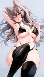 Rule 34 | 1girl, absurdres, animal ears, arm up, armpits, bad id, bad twitter id, bikini, bikini pull, black bikini, black thighhighs, blush, breasts, brown hair, cat ears, clothes pull, hair ornament, hairclip, highleg, highleg bikini, highres, large breasts, legs folded, long hair, looking at viewer, multi-strapped bikini, navel, open mouth, original, simple background, smile, solo, swimsuit, thighhighs, yellow eyes, zerocat