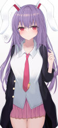 Rule 34 | 1girl, absurdres, animal ears, aohane, blush, breasts, buttons, carrot pin, closed mouth, collarbone, collared shirt, flying sweatdrops, highres, jacket, long hair, long sleeves, looking at viewer, medium breasts, necktie, open clothes, open jacket, pink skirt, pleated skirt, purple hair, rabbit ears, red eyes, reisen udongein inaba, shirt, sidelocks, simple background, skirt, solo, spoken squiggle, squiggle, suit jacket, sweatdrop, thighs, touhou, white background, white shirt, wing collar