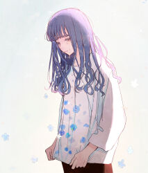 Rule 34 | 1girl, blue flower, brown pants, clothes grab, colored eyelashes, crying, floral print, flower, gradient background, highres, long eyelashes, long hair, long sleeves, looking down, original, pants, parted lips, purple eyes, purple hair, sad, shirt, solo, tears, upper body, wavy hair, white background, white shirt, yuyu