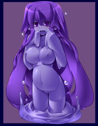 Rule 34 | 1girl, annoyed, blue skin, blush, breasts, colored skin, katami shinta, large breasts, long hair, monster girl, nipples, nude, open mouth, original, pregnant, purple eyes, purple hair, slime girl, solo, very long hair, water sprite, wavy mouth