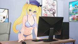 Rule 34 | 1girl, aggressive retsuko, artist name, belly, blonde hair, blue bra, blush, bra, breasts, cable, chair, commission, computer, desk, digimon, dokibird (vtuber), eroneko senpai, feet out of frame, green eyes, hat, highres, indie virtual youtuber, keyboard (computer), knee up, knees up, long hair, looking at viewer, mahou shoujo ikusei keikaku, medium breasts, monitor, mouse (computer), navel, open mouth, panties, picture frame, portrait, solo, standing, striped clothes, striped panties, twintails, underwear, underwear only, virtual youtuber, wallpaper, watermark