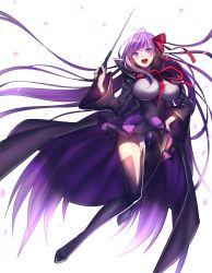 Rule 34 | 10s, 1girl, bb (fate), bb (fate/extra), black coat, black footwear, black skirt, boots, breasts, coat, fate/extra, fate/extra ccc, fate/grand order, fate (series), full body, gloves, hair ornament, hair ribbon, hand on own hip, highres, large breasts, leotard, long hair, long sleeves, looking at viewer, open mouth, petals, purple eyes, purple hair, rahato, red ribbon, ribbon, shirt, simple background, skirt, solo, thigh boots, thighhighs, white background, white gloves, white leotard, white shirt