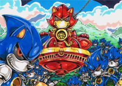 Rule 34 | animal ears, black sclera, brotherhood of metallix (stc), colored sclera, emperor metallix (stc), f-sonic, flying, looking at viewer, mechanical arms, mechanical parts, metal sonic, metallix (stc), multiple boys, red eyes, robot, seated, sonic (series), sonic the comic