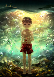 Rule 34 | 1boy, artist name, barefoot, brown hair, bubble, character request, dark, evolution (2015 movie), full body, highres, looking at viewer, male focus, night, noeyebrow (mauve), topless male, short hair, shorts, solo, starfish, underwater