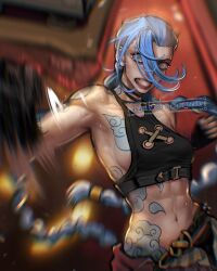 Rule 34 | 1girl, abs, arcane: league of legends, arcane jinx, arm tattoo, ayaki blade, black gloves, blue eyes, blue hair, braid, breast tattoo, breasts, cloud tattoo, commentary, crop top, crying, crying with eyes open, english commentary, fingerless gloves, gloves, hair over one eye, halterneck, highres, jinx (league of legends), league of legends, lips, long hair, low twin braids, lowleg, lowleg pants, making-of available, midriff, motion blur, navel, no bra, pants, punching, shoulder tattoo, sideboob, small breasts, solo, stomach tattoo, sweat, tattoo, tears, teeth, toned, twin braids, very long hair