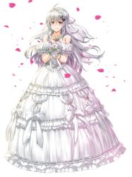 Rule 34 | 1girl, ahoge, bare shoulders, bouquet, bow, bracelet, breasts, bridal veil, buttons, cleavage, collarbone, dress, flower, frilled dress, frills, girls&#039; frontline, hair between eyes, hair ornament, hairclip, henshako, highres, holding, holding bouquet, iws 2000 (girls&#039; frontline), jewelry, long hair, necklace, petals, red eyes, ribbon, silver hair, simple background, smile, solo, strapless, strapless dress, veil, wedding dress, white background