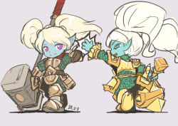 Rule 34 | 2girls, armor, blue skin, colored skin, high five, ironlily, league of legends, long hair, multiple girls, pointy ears, poppy (league of legends), twintails, weapon, white hair, yordle