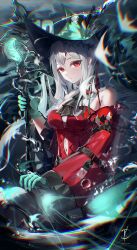 Rule 34 | 1girl, absurdres, arknights, closed mouth, clothing cutout, detached sleeves, dress, dzq1710, gloves, green gloves, grey hair, hat, highres, holding, holding staff, long hair, long sleeves, looking at viewer, navel, red dress, red eyes, red sleeves, skadi (arknights), skadi the corrupting heart (arknights), solo, staff, stomach cutout, witch hat