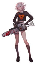 Rule 34 | 1girl, absurdres, black gloves, black survival, blood, blood on face, blood stain, bow, chainsaw, choker, contrapposto, full body, gloves, grin, highres, jackie (black survival), jackie quilt, kneehighs, loafers, looking at viewer, miniskirt, official alternate costume, official art, one touch, pleated skirt, red eyes, school uniform, serafuku, shoes, short hair, skirt, slit pupils, smile, socks, solo, standing, transparent background, white hair