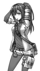 Rule 34 | 1girl, armband, bag, breasts, closed mouth, dated, greyscale, hair between eyes, hair tie, hair tie in mouth, highres, jacket, layered sleeves, pantyhose under shorts, long hair, long sleeves, looking at viewer, monochrome, mouth hold, ndtwofives, open clothes, open jacket, original, pantyhose, ponytail, shirt, short over long sleeves, short shorts, short sleeves, shorts, shoulder bag, sidelocks, simple background, small breasts, solo, tying hair, white background