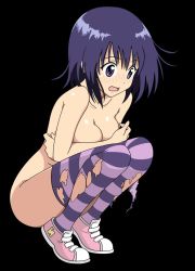 Rule 34 | 1girl, black background, blue eyes, blue hair, blush, breasts, covering breasts, covering privates, embarrassed, fetal position, kirisaki kyouko, nude, open mouth, shoes, short hair, simple background, solo, squatting, striped legwear, thighhighs, to love-ru, to love-ru darkness, torn clothes, torn legwear