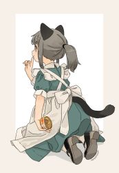 Rule 34 | 1girl, akai sashimi, animal ears, apron, artist name, black footwear, border, brown eyes, brown hair, can, canned food, cat ears, cat girl, cat tail, closed mouth, clothing cutout, commentary request, dress, finger to mouth, frilled apron, frills, from behind, full body, green dress, hand up, high heels, highres, holding, holding can, kneeling, leaning forward, looking away, mary janes, medium hair, original, outside border, partial commentary, ponytail, puffy short sleeves, puffy sleeves, shoes, short sleeves, sidelocks, solo, tail, tail through clothes, tin can, white apron, white background