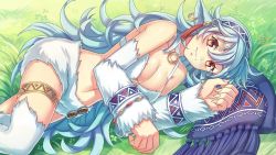 Rule 34 | 1girl, animal ears, animal feet, artist request, blue hair, breasts, brown eyes, cleavage, earrings, fingernails, game cg, grass, hair between eyes, jewelry, large breasts, large hands, long hair, looking at viewer, lying, miti (monster musume), monster musume no iru nichijou, monster musume no iru nichijou online, official art, on grass, on ground, scarf, solo, thighlet, very long hair